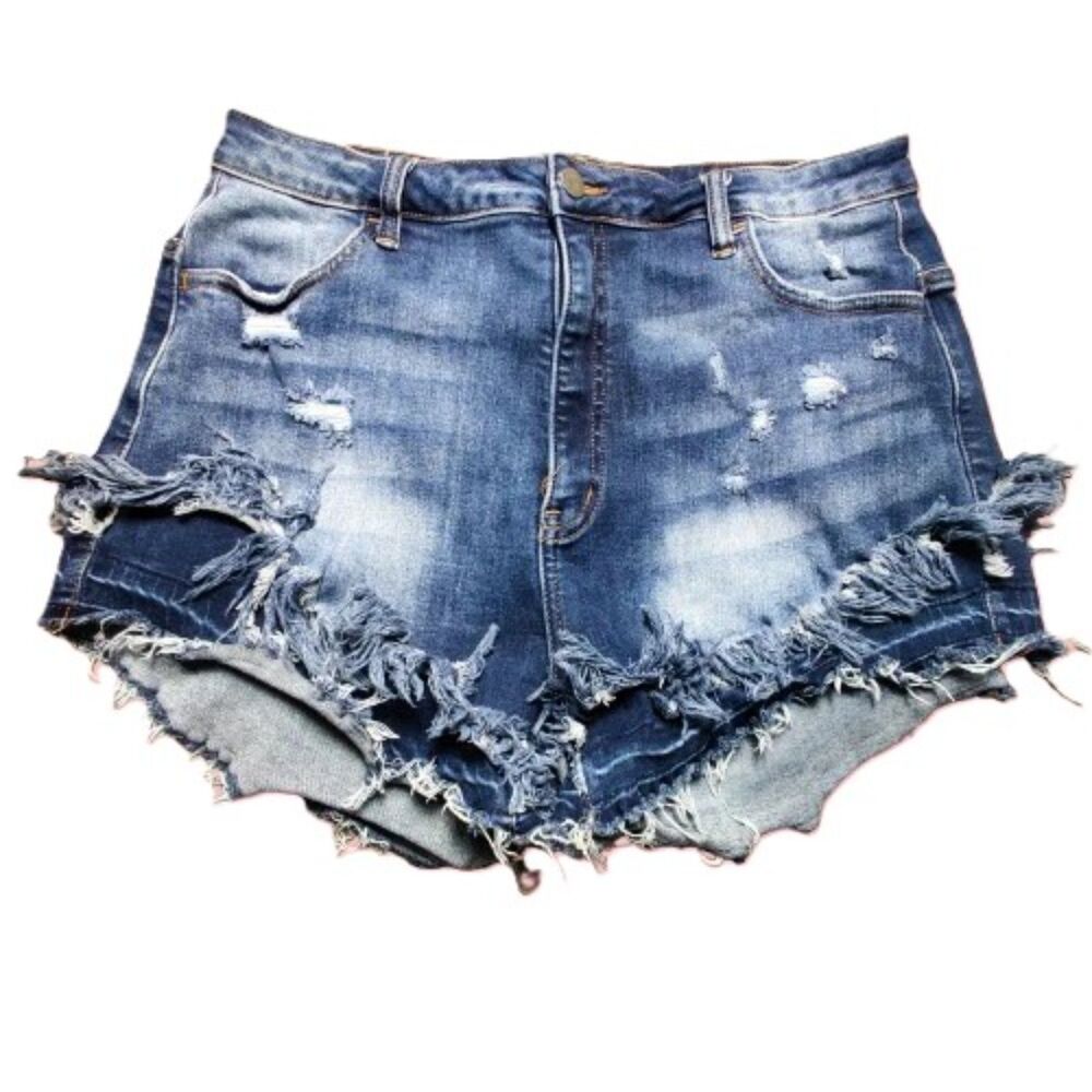 M.A.P. Distressed Denim Shorts Women’s XL 17 Blue Frayed Raw Hem Stretch